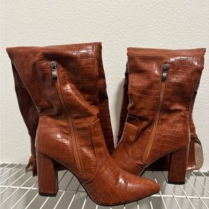 Brown Croc-Embossed Women Boots